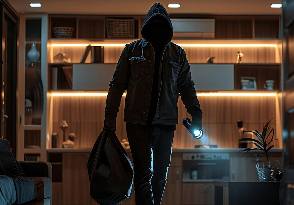Cambrioleur avec une lampe torche dans une maison