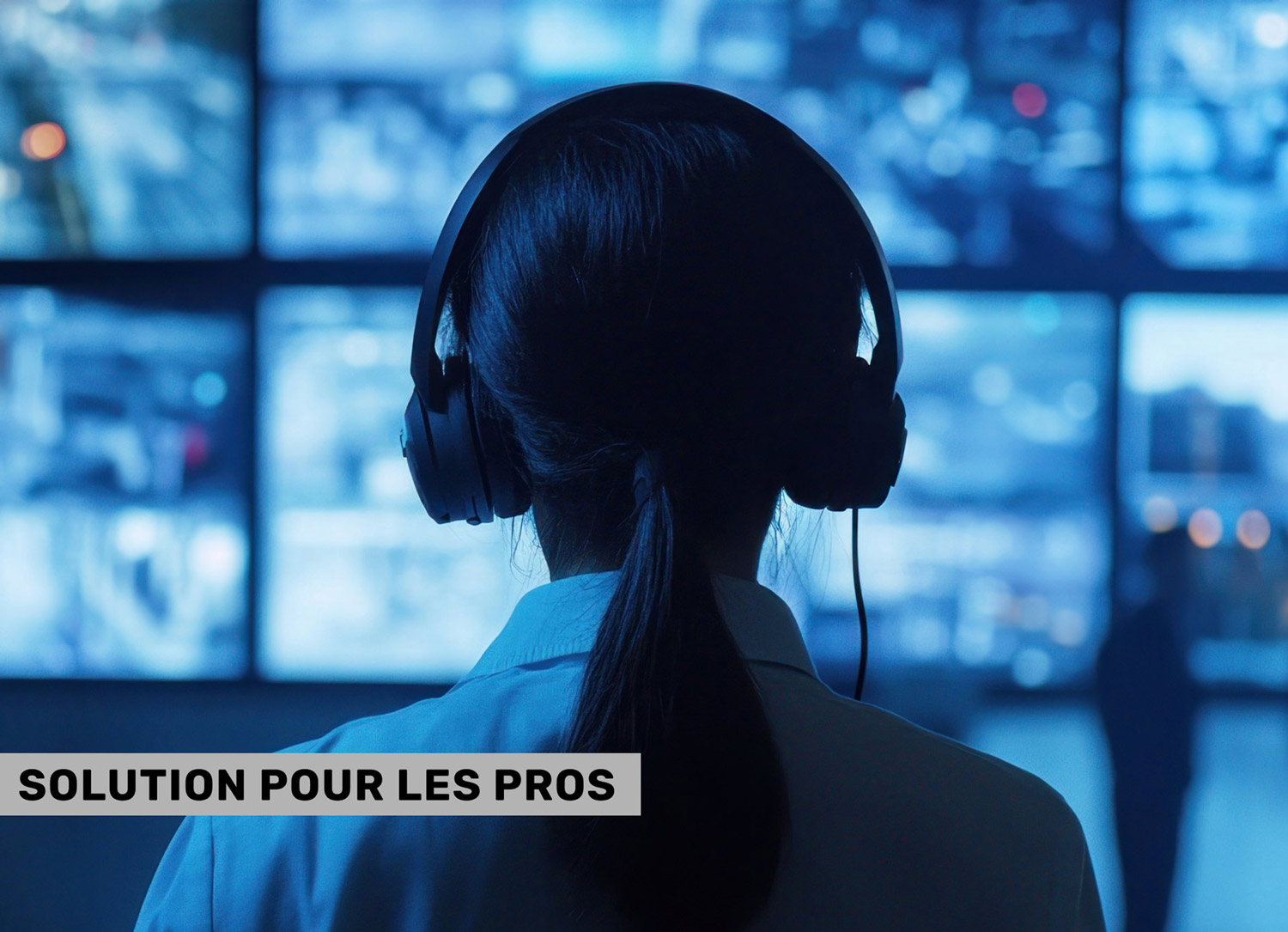Opératrice de vidéosurveillance déstinée aux professionnels avec un casque devant plusieurs écrans