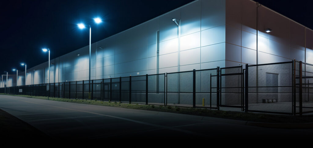 Bâtiment industriel et de logistique éclairé durant la nuit et équipé de caméras de surveillance
