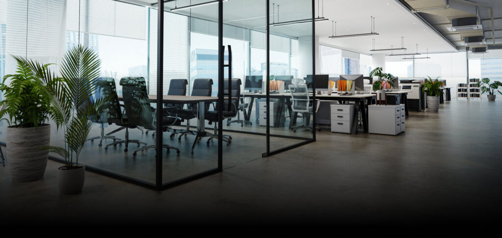 Open space d'un bureau protégé contre les incendies et les intrusions